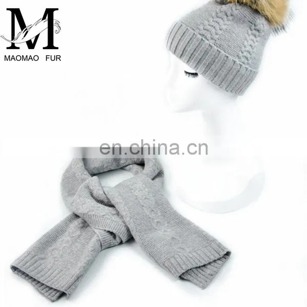 Factory Direct Wool Knitted Scarf Women Fur Pompom Winter Hat And Scarf Set