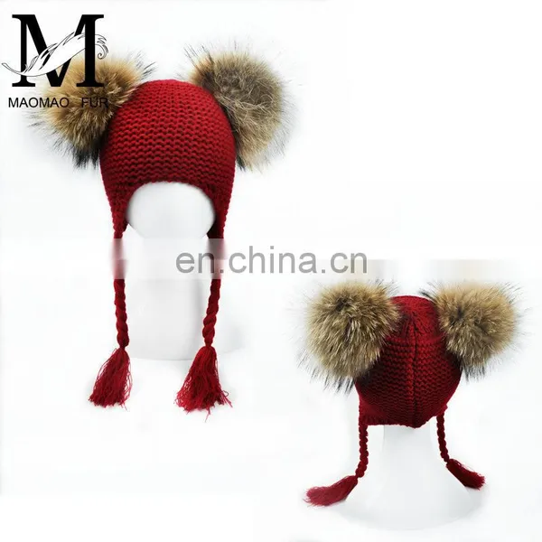 High Quality Fashionable Kids Beanie Hats With Two Fur Pom Poms Baby Fur Hat photo-5