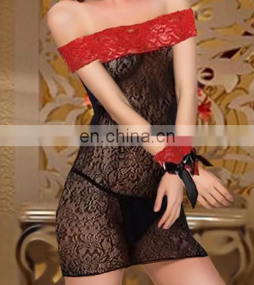 Women Plus Size Hot Black Word Shoulder Lace Babydoll Sex Products Inmates Perspective Hollow Flower Print Costumes