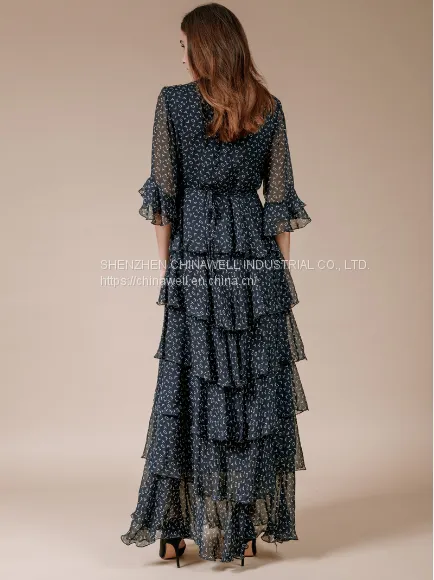 Ladies' 100%silk Chiffon Short Sleeve Ruffler Edge Print Dress photo-5