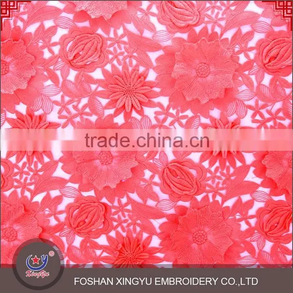 Factory Direct Supply Hot Selling Red Flower Lace Embroidered 3d Mesh Fabric for Fashionable Woman