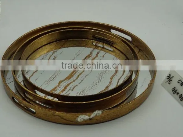 Antique Painted Round Wooden Mirror Tray With 2 Colors photo-2