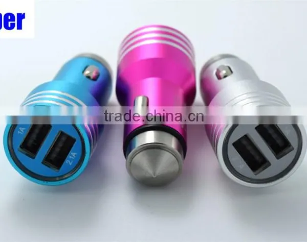 ICaber Wholesale Safety Hammer Universal Dual USB Car Charger With 5V / 2.1A + 5V / 1A USB Charging Socket for Mobile Phone