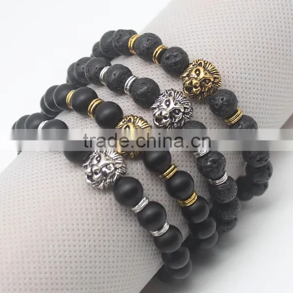 Antique Gold and Silver Plated Leo Lion Head Lava Stone Beads Charm Bracelet photo-5