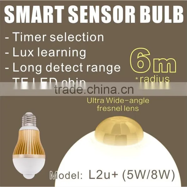 L2u+ ( 5W/8W ) Ultra Large Detection Range PIR Motion Sensor LED Light Bulb With Lux Learning & Timer Selection ,TE LED Chip