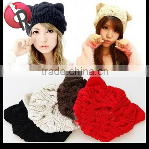 1x Braided Women Winter Warm Beanie Devil Horns Cat Ear Crochet Knit Ski Cap Hat photo-5