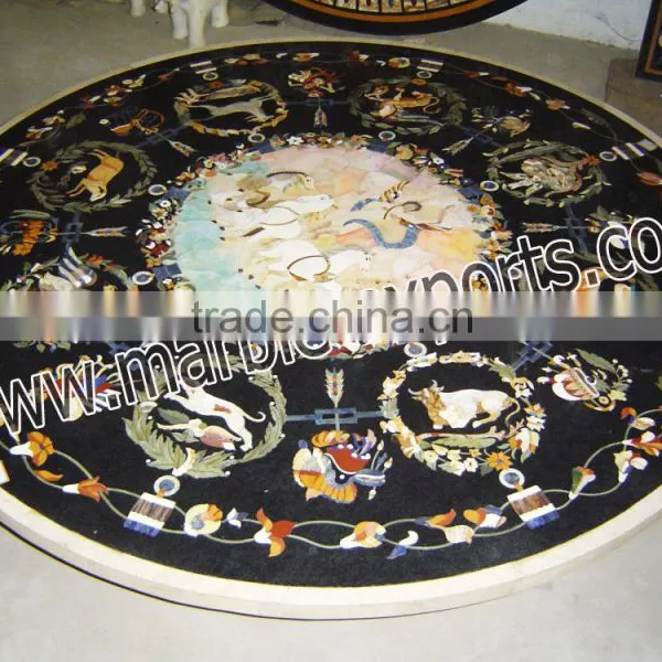 Italian Inlay Marble Dinning Table Top, Round Black Pietra Dura Table Top photo-2