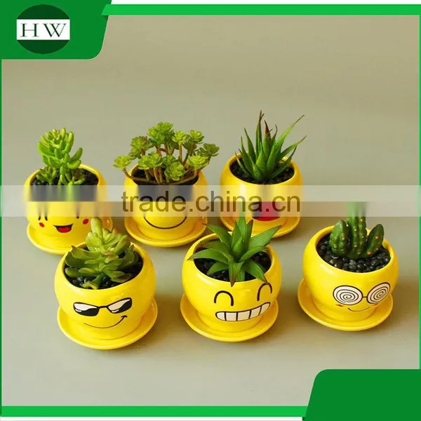 Wholesale Cheap Mini Yellow Round Cup Shape Handwork Decoration Smiling Face Cement Garden Flower Pot photo-4