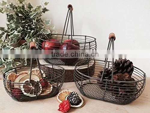 Oval Wire Baskets Garlic Fruit Storage Rustic Trugs Wood Handle Eggs Basket photo-2