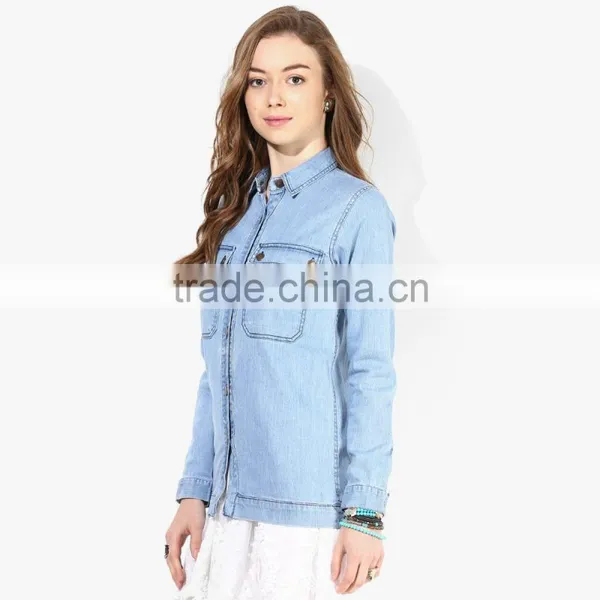 Newest Fashion Design Plain Light Blue Women Jeans Jacket Wholesale photo-3