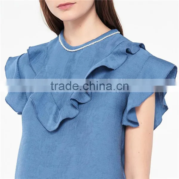 2017 OEM Slightly Ruffled Shoulders Beaded Neckline Blouse Tops photo-5