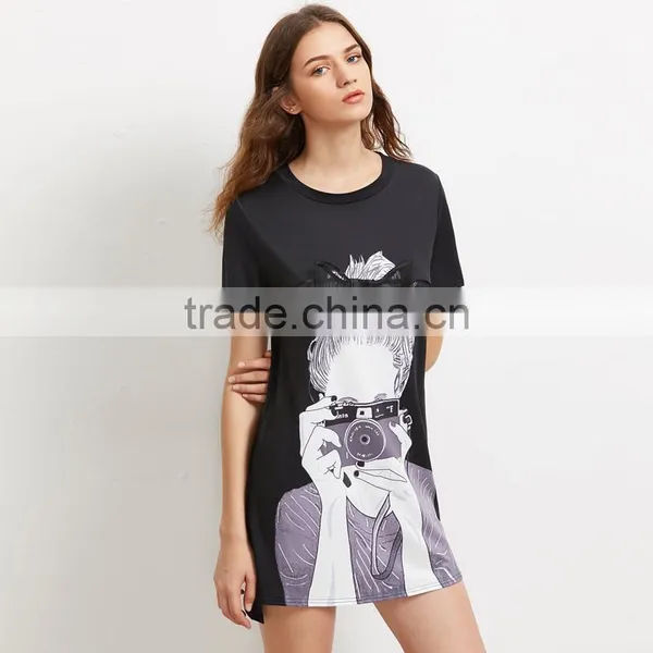 Printed Black Bow Dresses for 15-20 Years Girls Short Sleeve Tee Dress photo-2