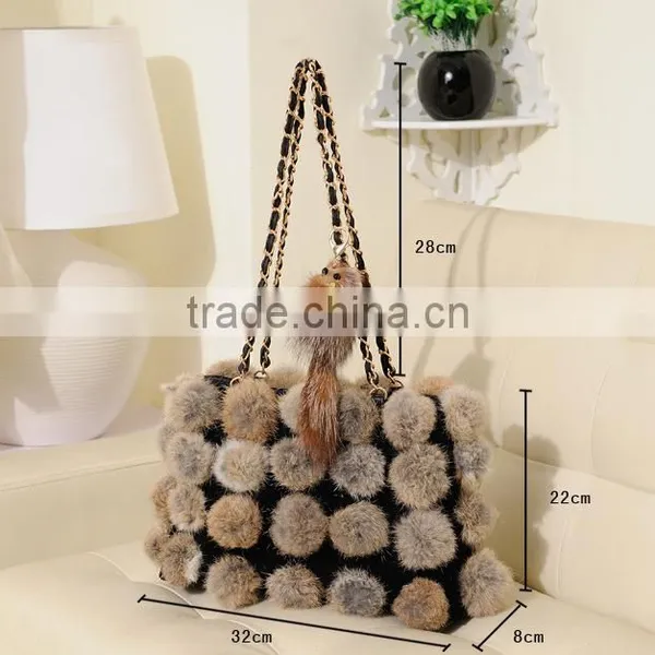Korean Style Woman Rabbit Fur Ball Hand Bag Contrast Color Female Chian Bag photo-6