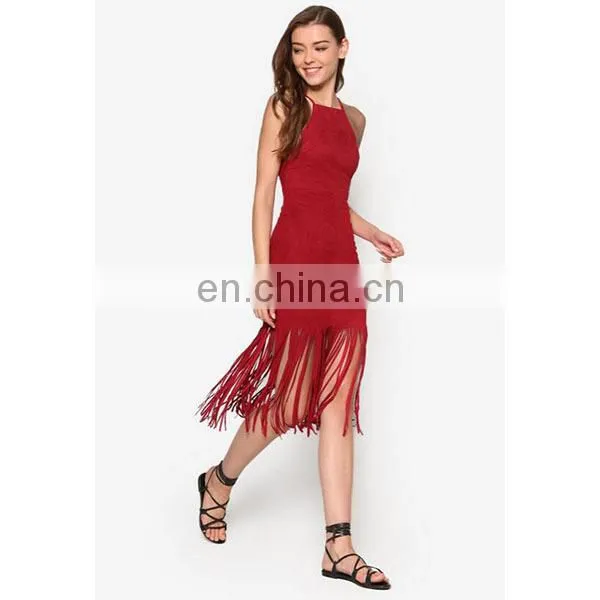 Love Suede Fringe Hem Dress Square Neckline Sleeveless Fashion Apparel Women Dresses Sexy photo-3