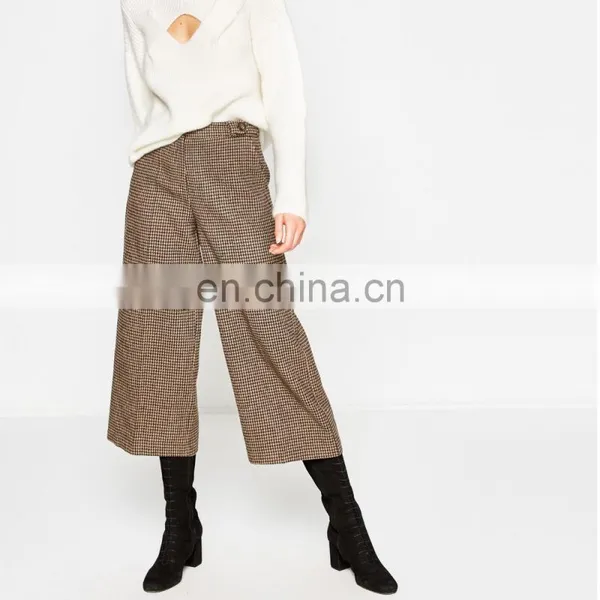 Ladies Cropped Trousers Checked Wide Leg Design Pants