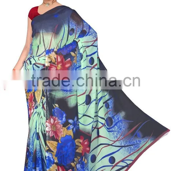 Beige & Black Colored Georgette Satin Printed Saree. photo-2