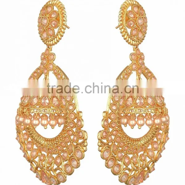 BIG Crystal Gold Tone Chand Bali JHUMKA DANGLER EARRINGS photo-2