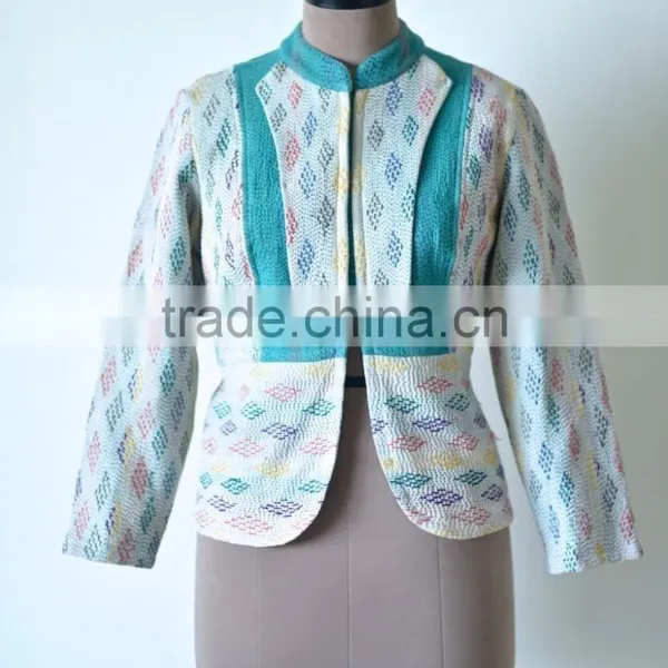Vintage Kantha Jacket in Cream & Green Color ~ Extra Large photo-3