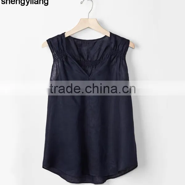 2016 Newest Product Pure Color Leisure 100% Linen Vest Custom High Quality Comfortable Ladies Tops photo-6