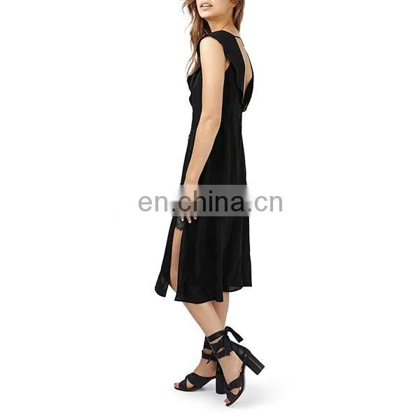 Wholesale Women Clothes Sexy Black Color Lace Trim Flutter Sleeve Midi Dress photo-3