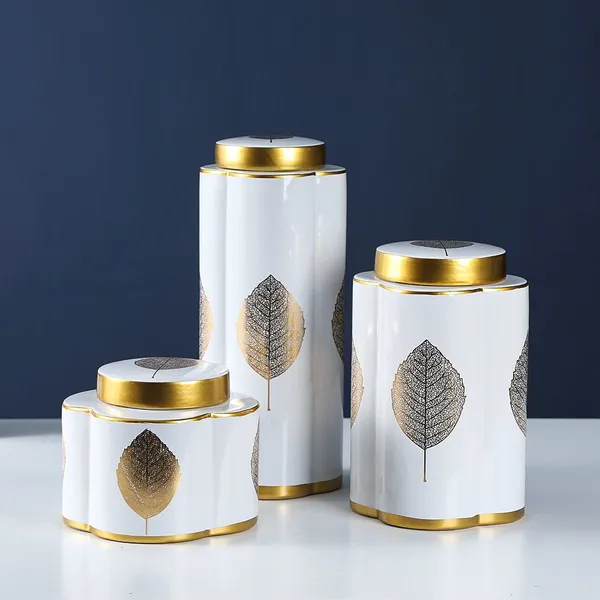 European Simple Style Yellow Leaf Painting Ceramic Flower Vases With Lid For Home Decoration photo-4