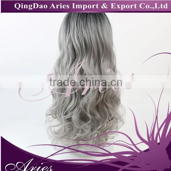 16" Long Ombre Grey Curly Wavy Lace Front Wig Heat Resistant photo-6