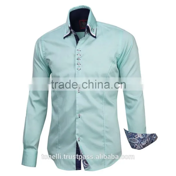 Elegant Triple Collar Turquoise Dress Satin Shirts for Men