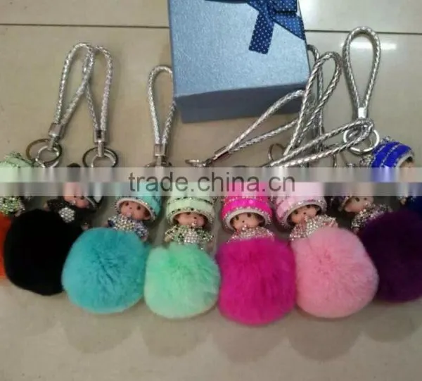 Hot Selling Rabbit Fur Accessories Monchhichi Leather Keychain Fur Pompoms photo-6