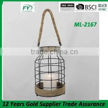 Indoor Table and Hanging Metal Candle Lantern With Rope Winding and Rope Handle ML-2167