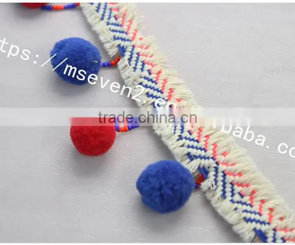 Newest Arrival Colorful 6.5cm Width Handmade Cotton Pom Pom Lace Trims photo-2