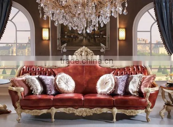 Luxury Solid Wood Red Leather Sofa, Royal Living Room Leather Sofa photo-3