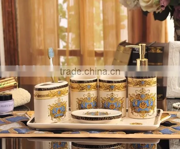Classic European Baroque Style Ceramic Bath Accessories Set 6 Pcs in Fancy Golden and Blue, Liquid Soap Dispenser BF12-03254h photo-4