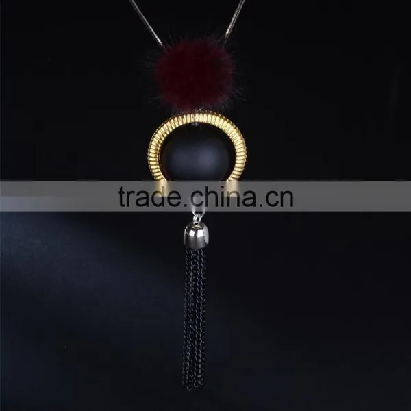 Red Bead Gold Hoop Pendant Long Chain Necklace Black Chain Tassel Necklace Pompon Necklace photo-6