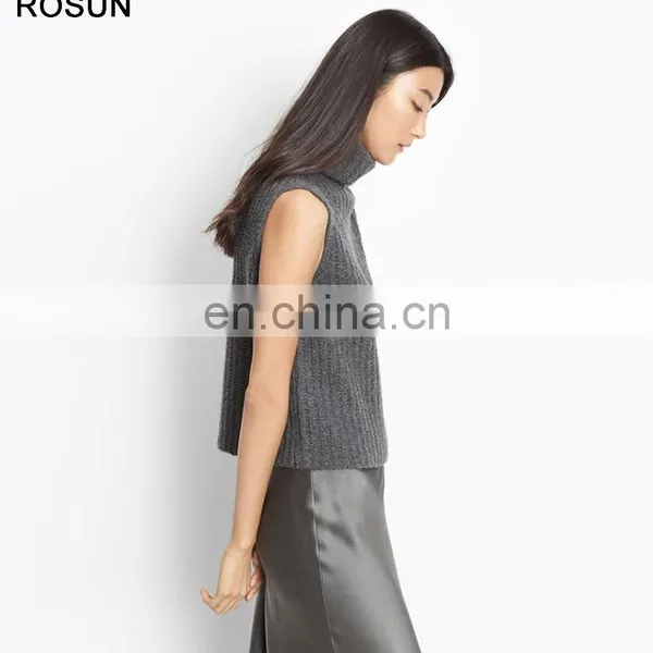 Women Grey Chunky Rib Cashmere Sleeveless Turtleneck Sweater photo-3