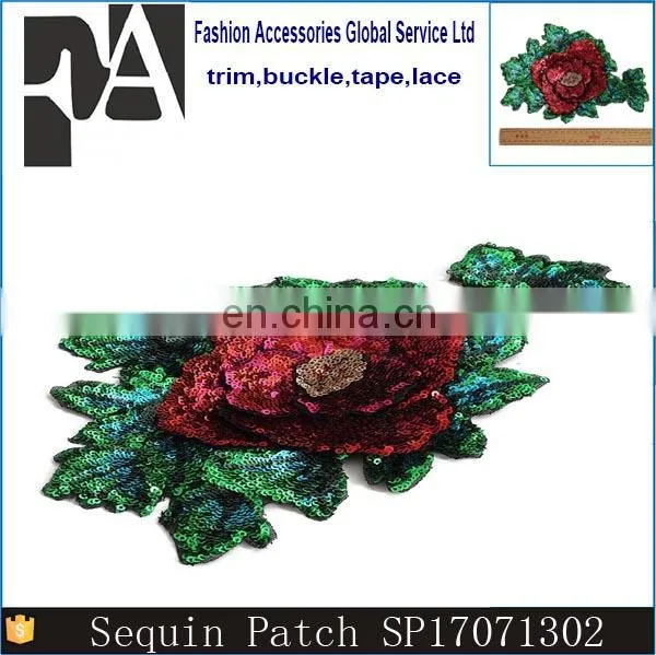 Fashion Red Rose Green Flower Sequined Patch Sew on Clothes photo-6