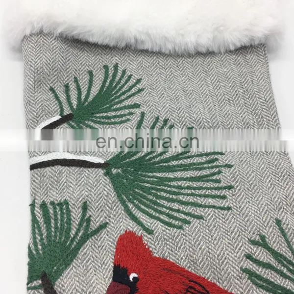 Wholesale Decorative Gray Herringbone Embroidery Linnet and Pine Branches Christmas Socking for Christmas photo-3