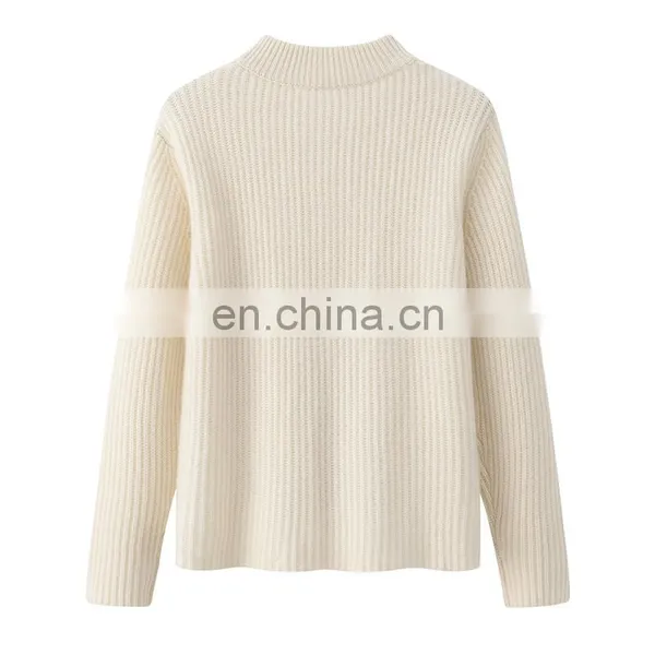 Custom Women's Solid Color Winter Cardigan Knitted Stand Collar Casual Zipper Sweater With Pockets Decoration Made From Cashmere photo-2