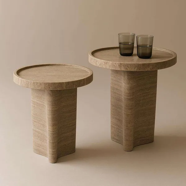 High Quality Nice Design Travertine Coffee Table With Cylindrical Base | Minimalist Marble Side Table for Modern Living Room photo-4
