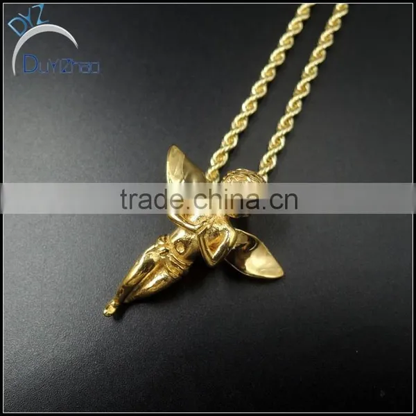Stainless Steel Gold Plated Angel Prayer Hand Pendant 24" Rope Chain Necklaces photo-4