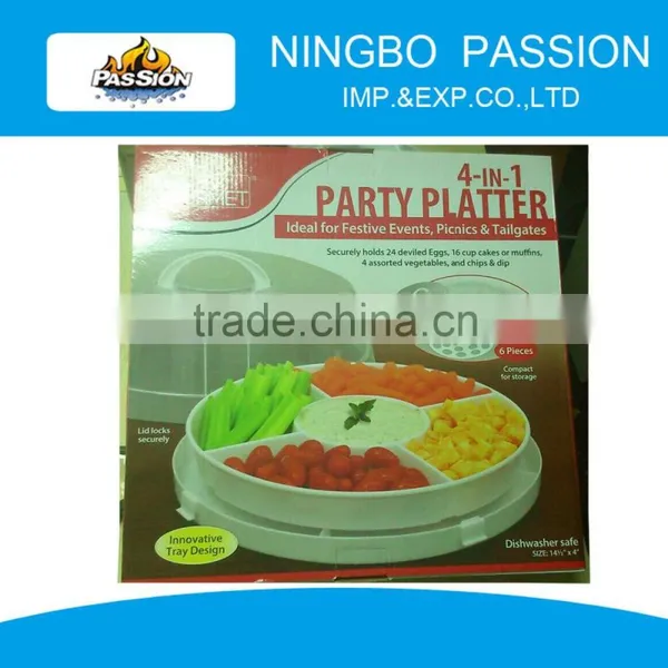 4-in-1 Portable Plastic Party Platter With Lid - Cupcake Carrier / Egg Holder / Veggie Tray / Chip and Dip Server Plate