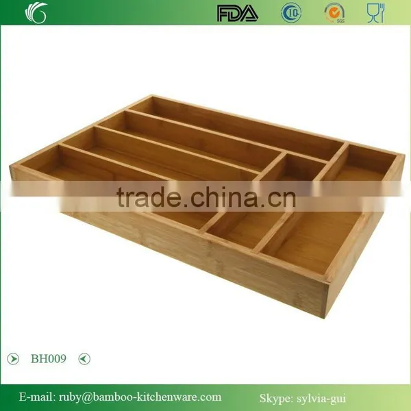 BH009/ 6-Slot Kitchen Bamboo Drawer Organizer With Flatware Cutlery Accessories or Gadgets Tray