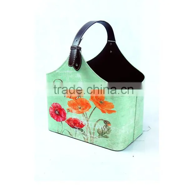 Flower Print Faux Leather Buckle Handle Magazine Newspaper Basket/holder photo-4