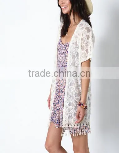 Spring Embroidered Fringe Lace Kimono Short Sleeve Small Women Coat photo-2