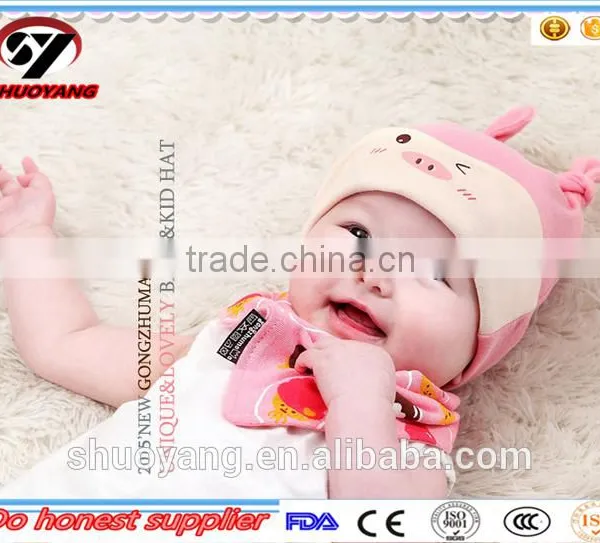 Shuoyang Wholesale100%cotton Cute Soft Baby Caps and Bibs Set photo-4