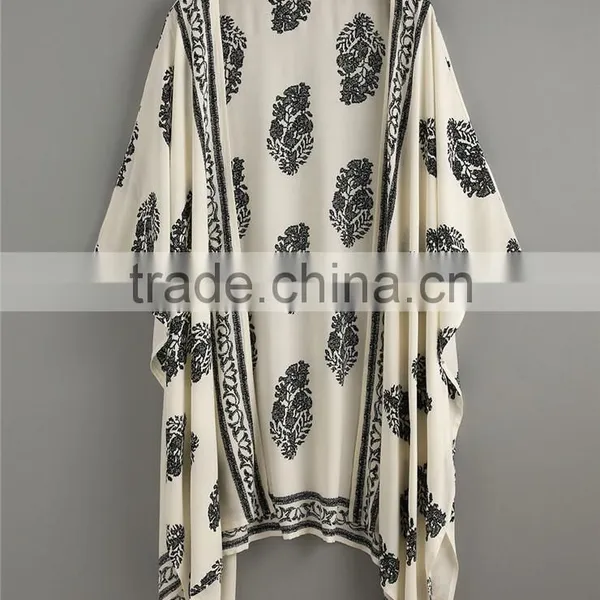 Custom Design Women Beachwear Half Loose Sleeve Beige Vintage Pattern Print Kimono photo-3
