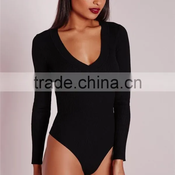 MGOO New Fashion Deep Plunge Bodysuit Black Custom Designs 95% Polyester 5% Spandex Plain Basic Fashion Item photo-2