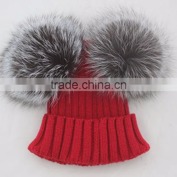 Myfur Royal Blue Man Winter Knitting Hat With Detachable Real Silver Fox Fur Balls photo-6