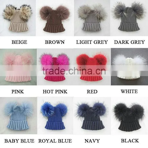Myfur Cute Double Raccoon Fur Pom Poms Attached Ribbed Knitting Hat Wholesale photo-6