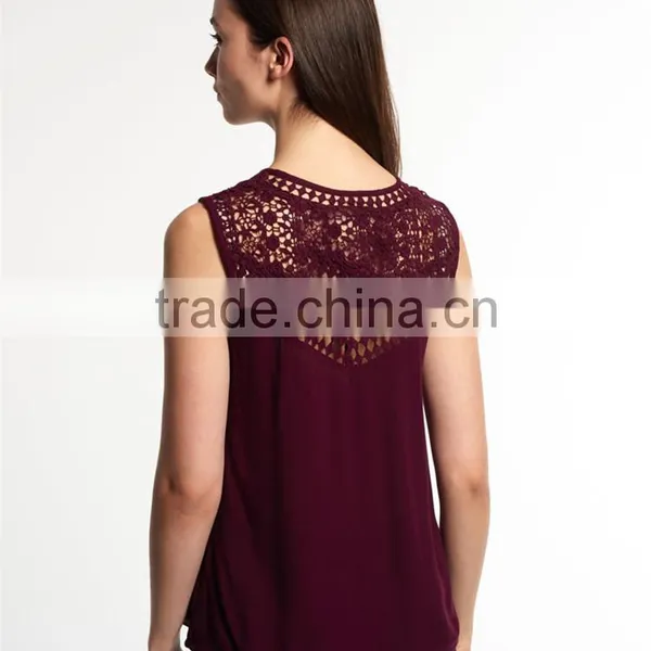 2017 Guangzhou Shandao Custom Logo New Fancy Style Women Summer Wine Red Chiffon Round Neck Sexy Sleeveless Top Photos photo-2