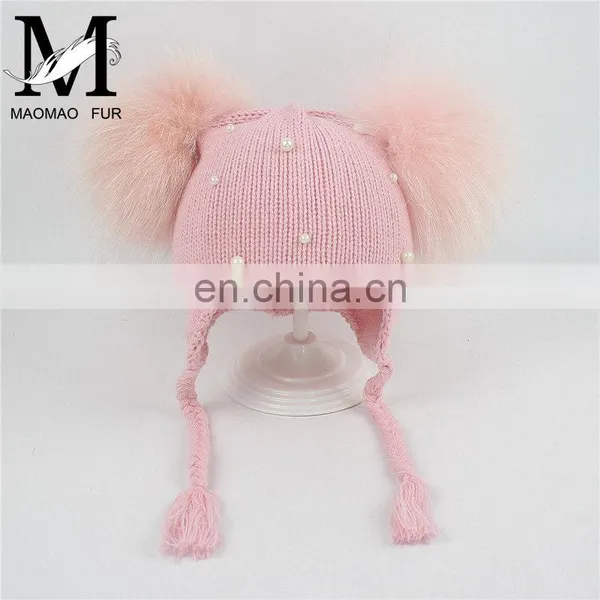 Wholesale Double Raccoon Fur Poms Cap Kids Hat With Fur Pom Pom photo-6